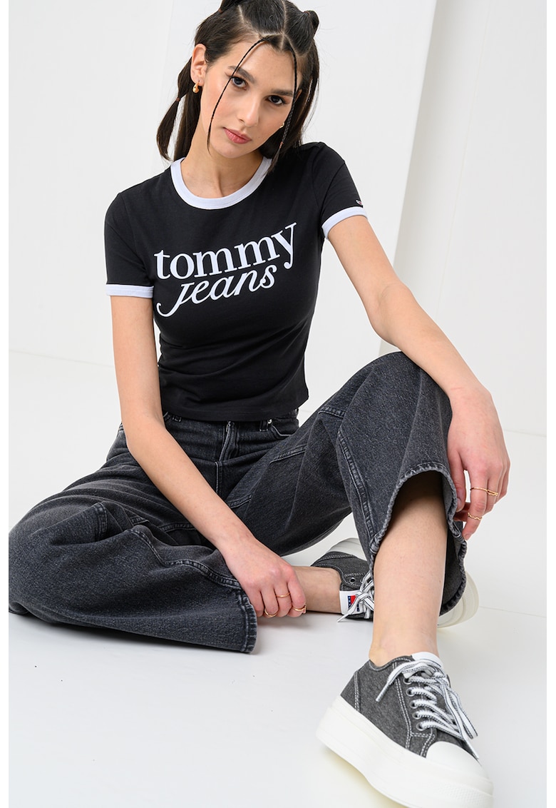 Tricou crop slim fit cu imprimeu logo