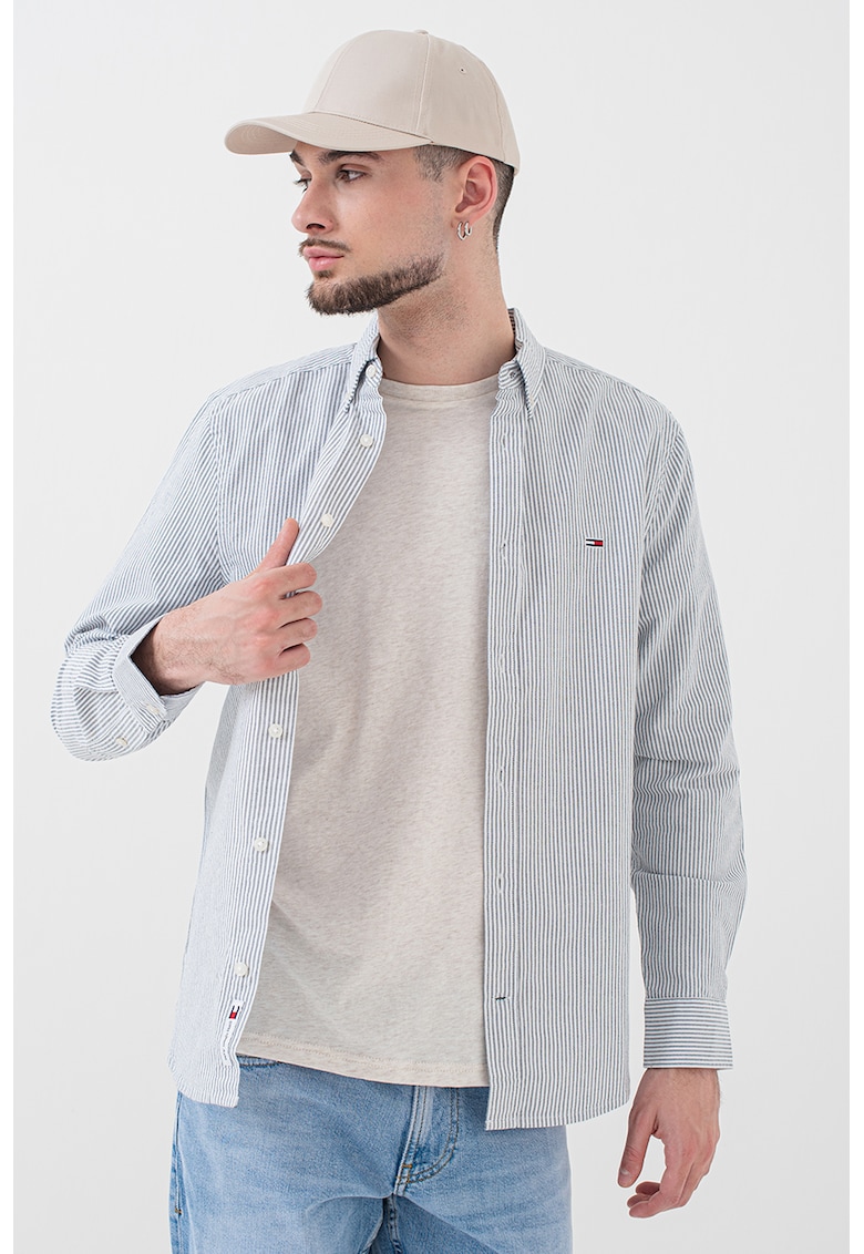 Camasa slim fit cu model in dungi si broderie logo