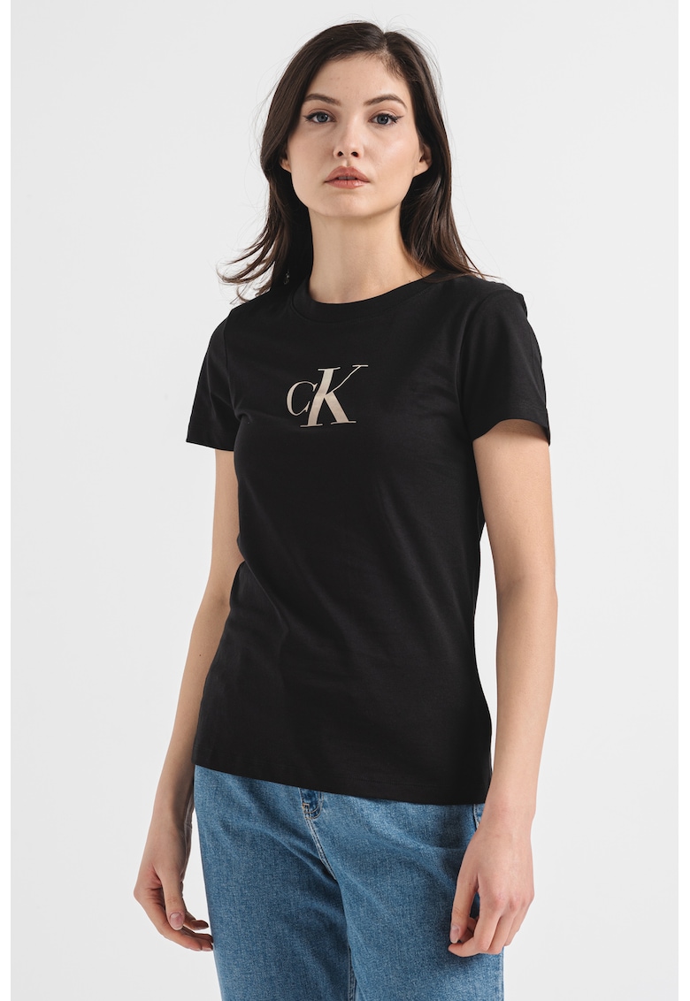 Calvin Klein Jeans Tricou cu decolteu la baza gatului si imprimeu cu monograma - Negru