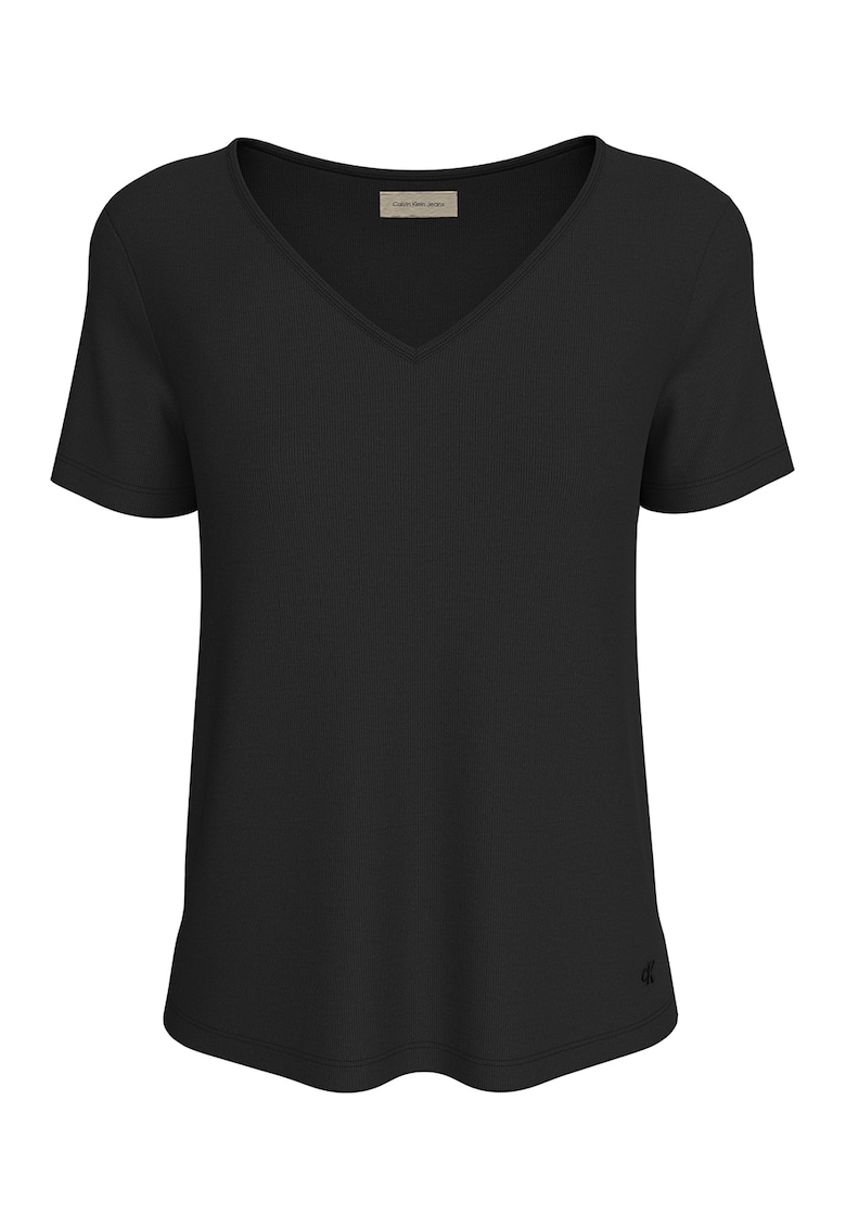 Tricou din lyocell cu decolteu in V - Negru