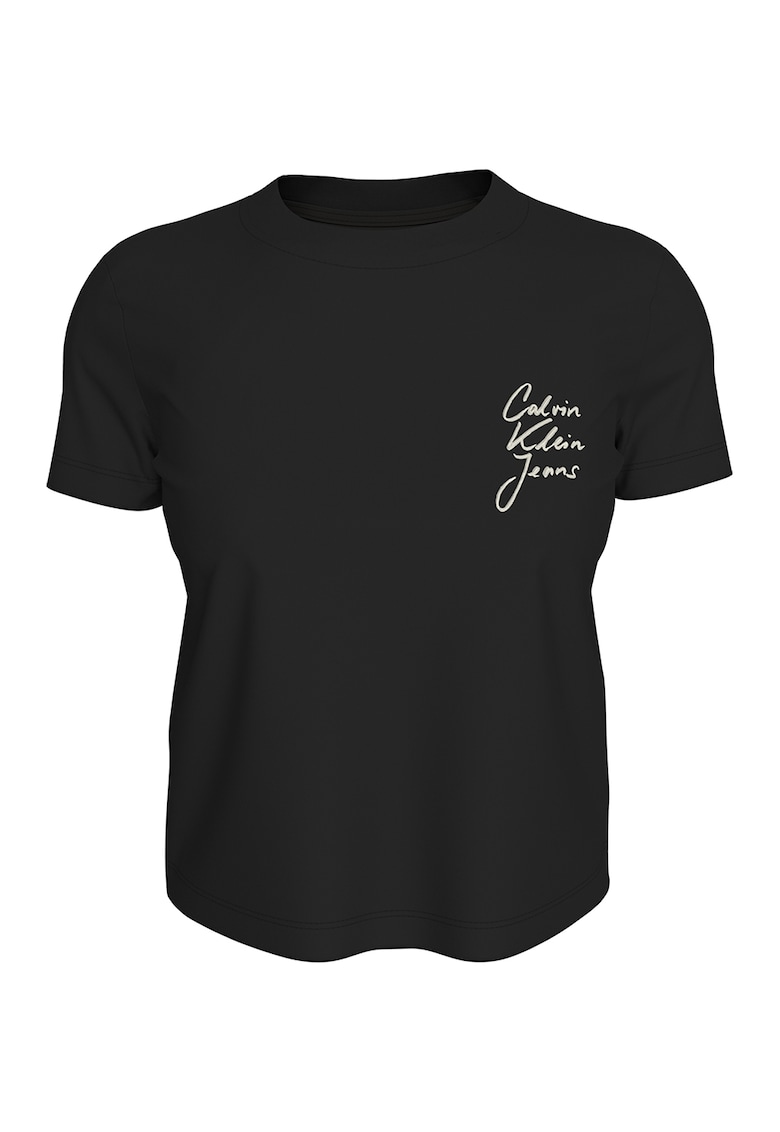 Tricou cu decolteu la baza gatului si logo - Negru