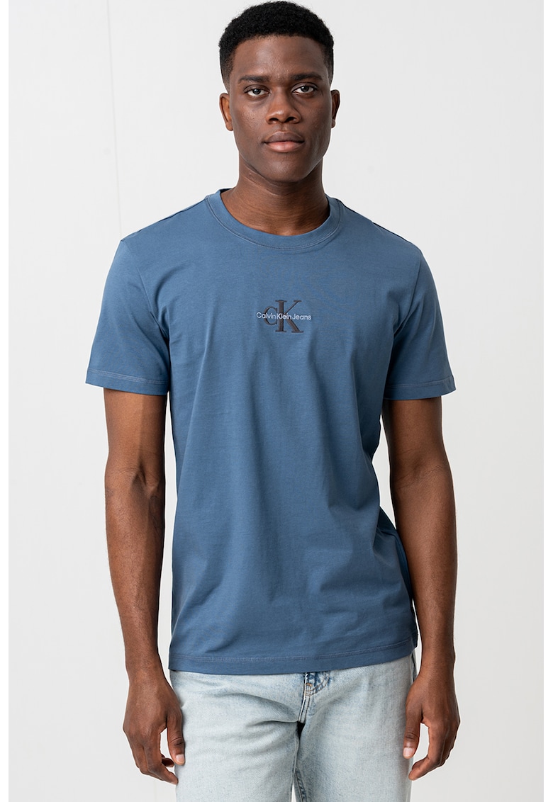 Tricou de bumbac cu decolteu la baza gatului si logo pe piept
