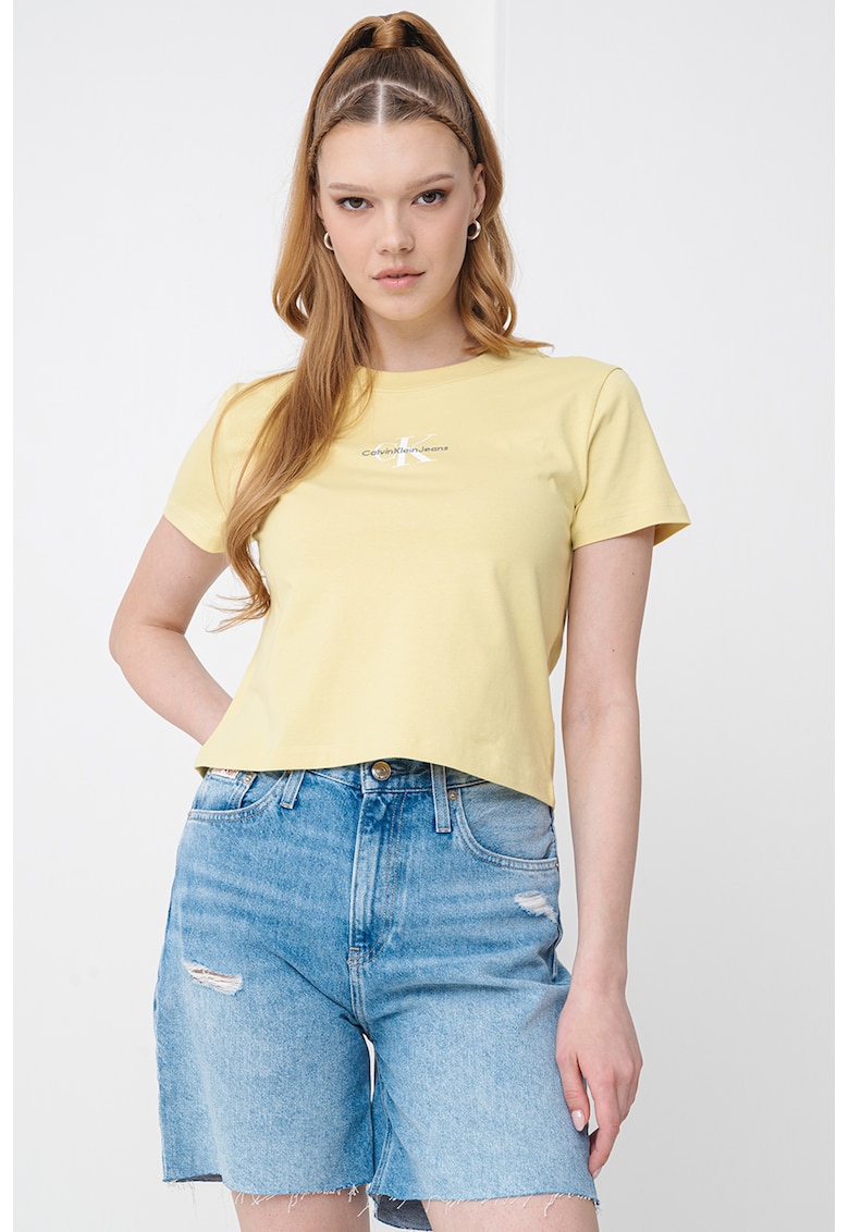Tricou crop slim fit cu logo
