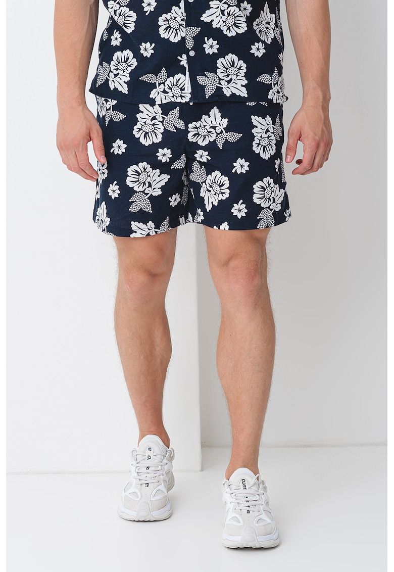 Pantaloni scurti de bumbac cu model floral si snur