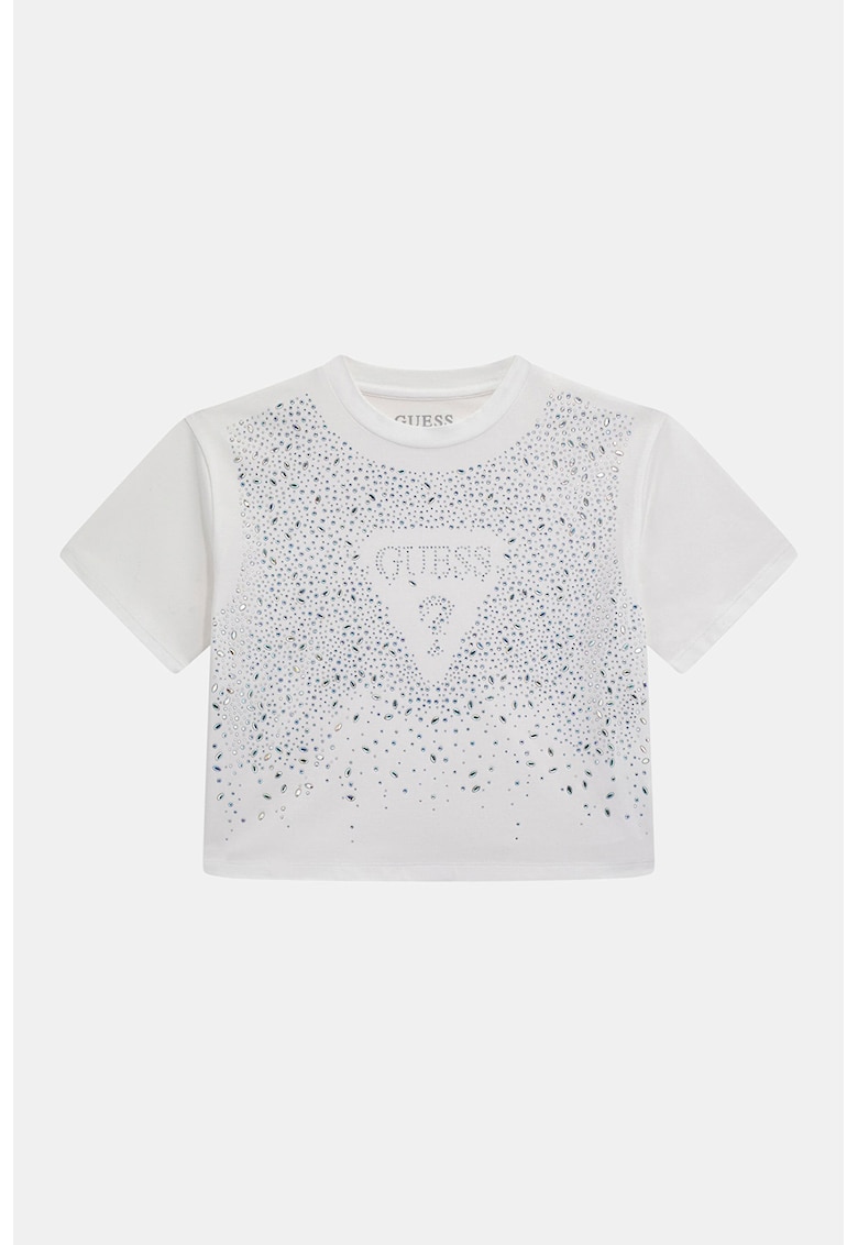 Tricou crop cu logo si strasuri - Alb/Argintiu