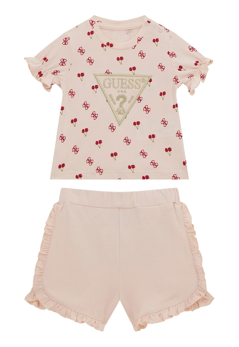 Set de pantaloni scurti cu detaliu cu volane si tricou din amestec de bumbac - 2 Piese