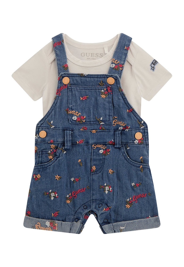 Set de body cu model uni si salopeta din denim cu imprimeu floral - 2 Piese