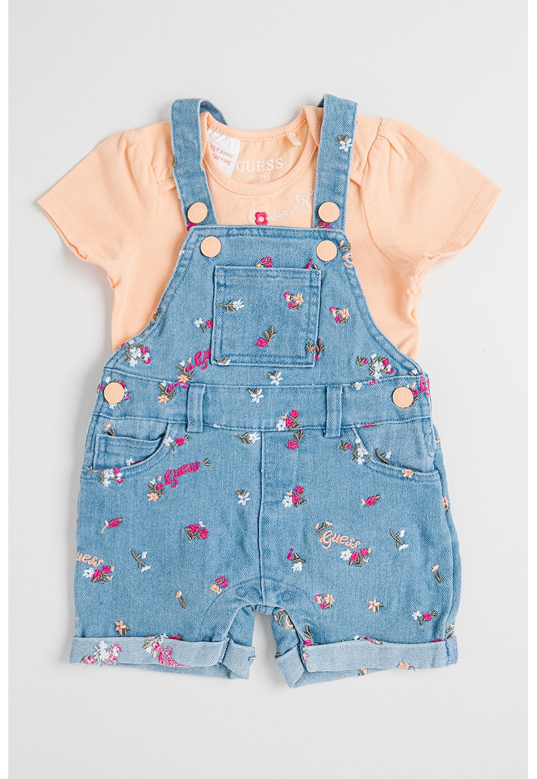 Set de body cu model uni si salopeta din denim cu imprimeu floral - 2 Piese - Portocaliu deschis/Albastru