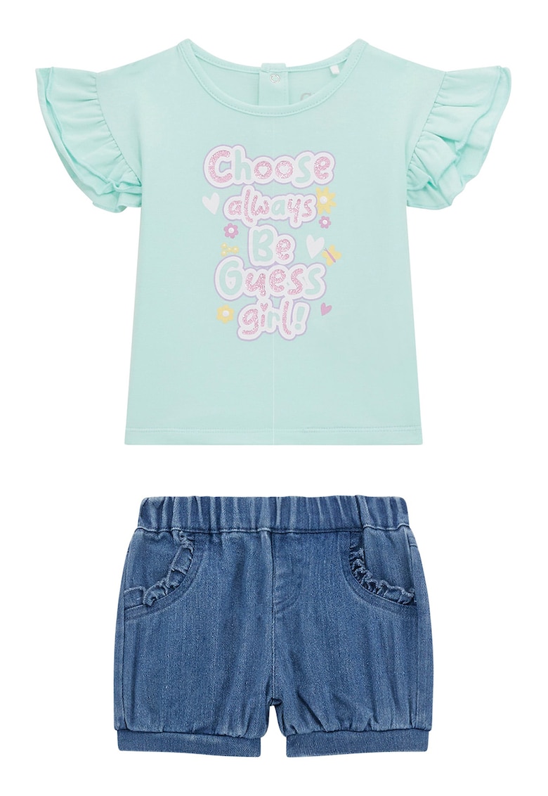 Set de blugi scurti si tricou cu maneci cu volane - 2 Piese