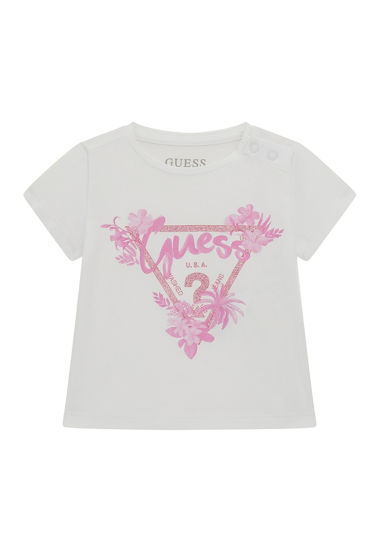 Tricou din amestec de bumbac cu imprimeu logo - Alb/Roz deschis