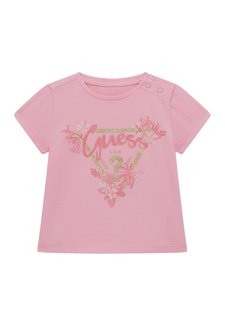 Tricou din amestec de bumbac cu imprimeu logo - Roz