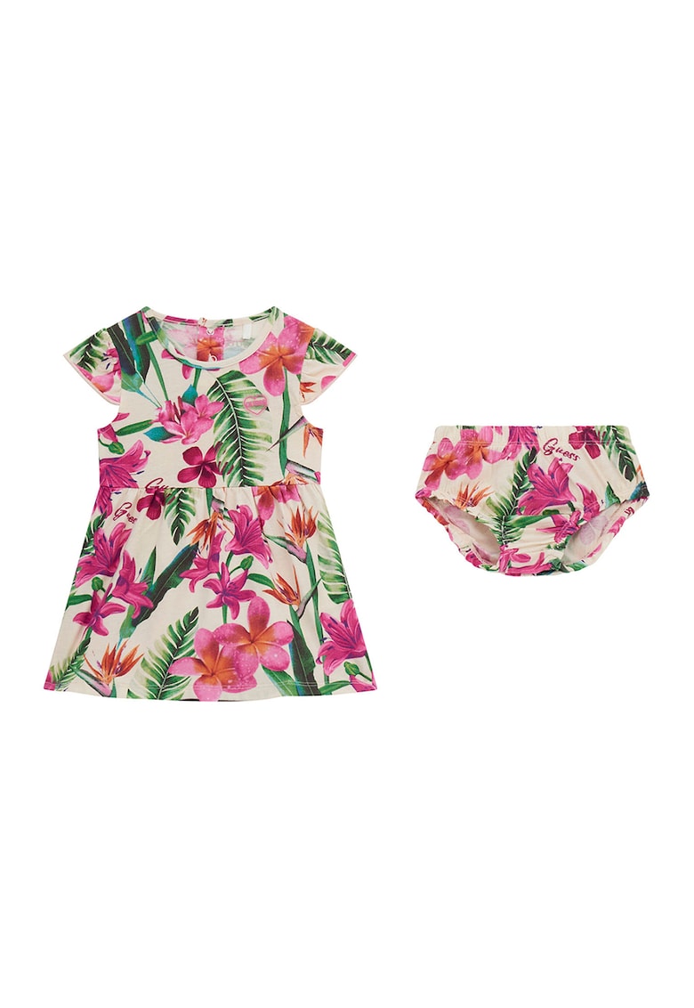 Set de chiloti si rochie cu croiala in A si imprimeu floral - 2 Piese - Verde/Roz/Crem