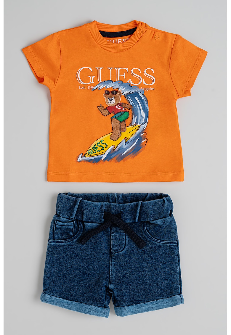 Set de tricou cu imprimeu grafic si blugi scurti cu model uni - 2 piese