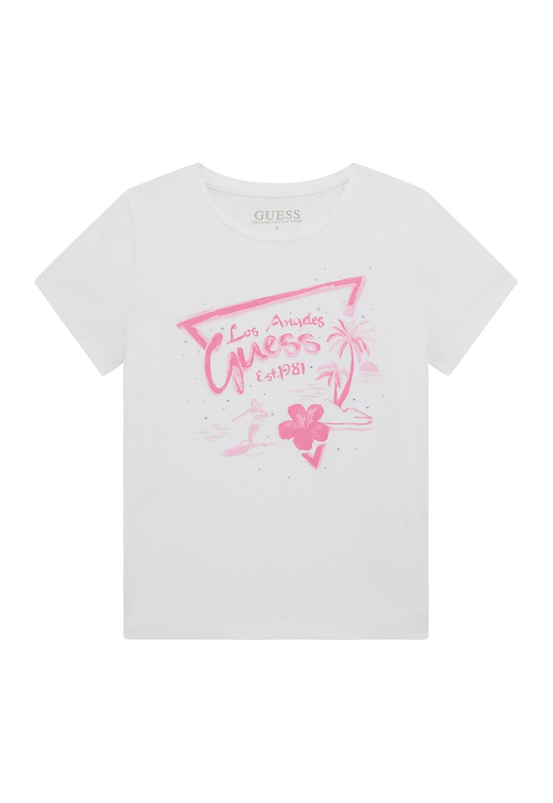 Tricou cu decolteu la baza gatului si imprimeu logo - Alb/Roz deschis