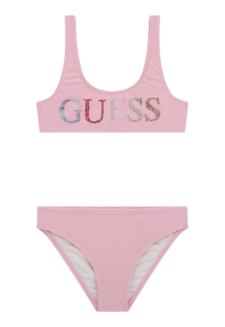 Costum de baie cu doua piese si logo din strasuri - Roz somon