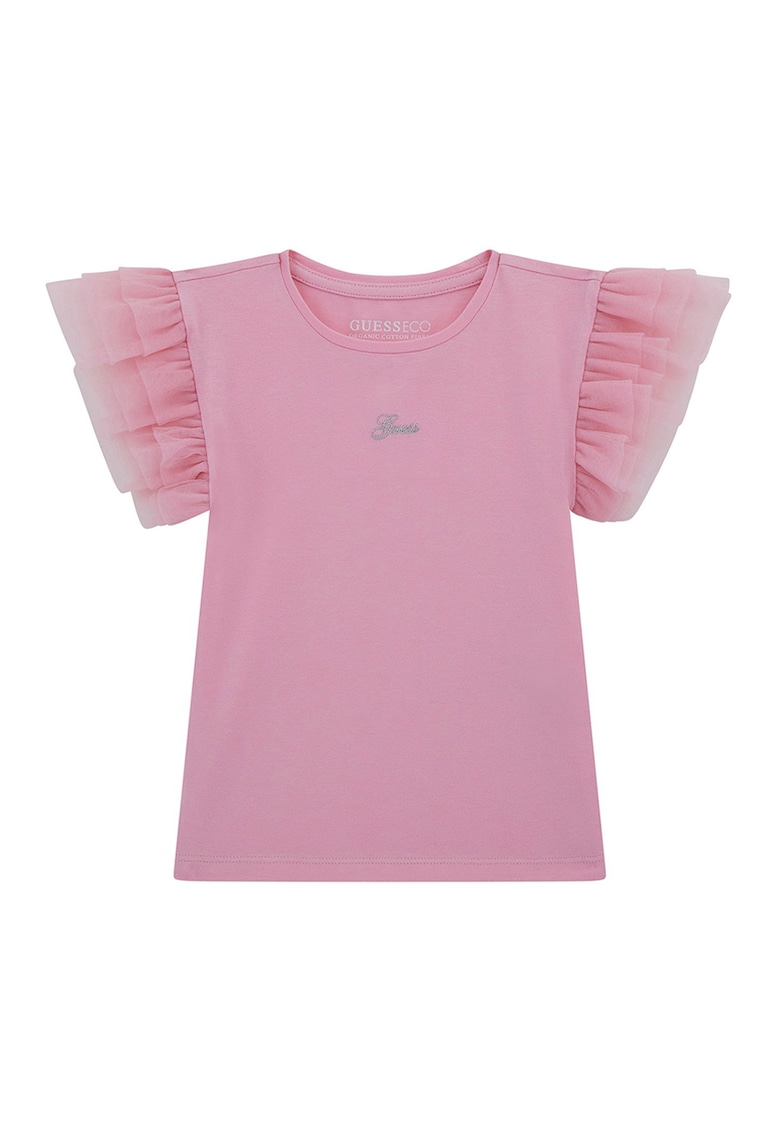 Tricou din amestec de bumbac cu maneci cu volane - Roz