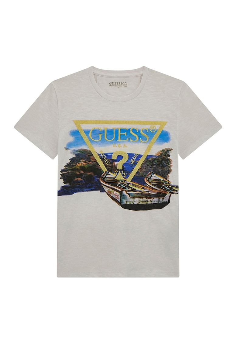 Tricou cu decolteu la baza gatului si imprimeu - Maro/Gri deschis/Albastru