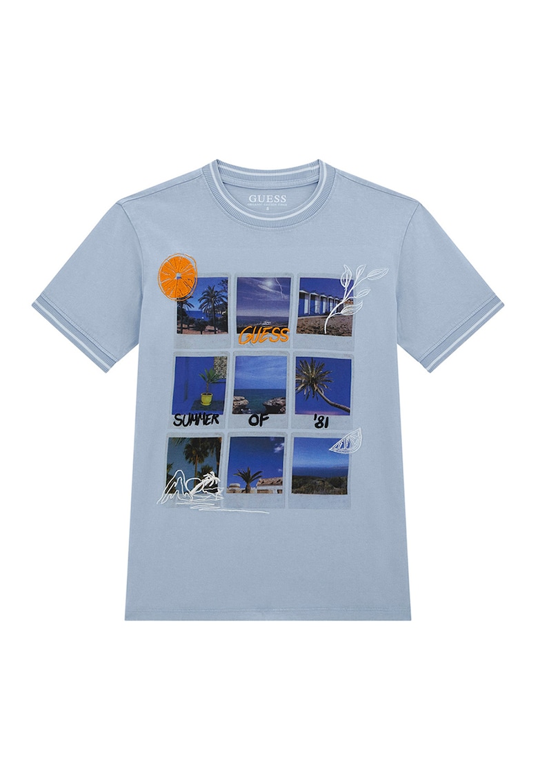 Tricou cu decolteu la baza gatului si imprimeu - Alb/Albastru lavanda/Albastru royal