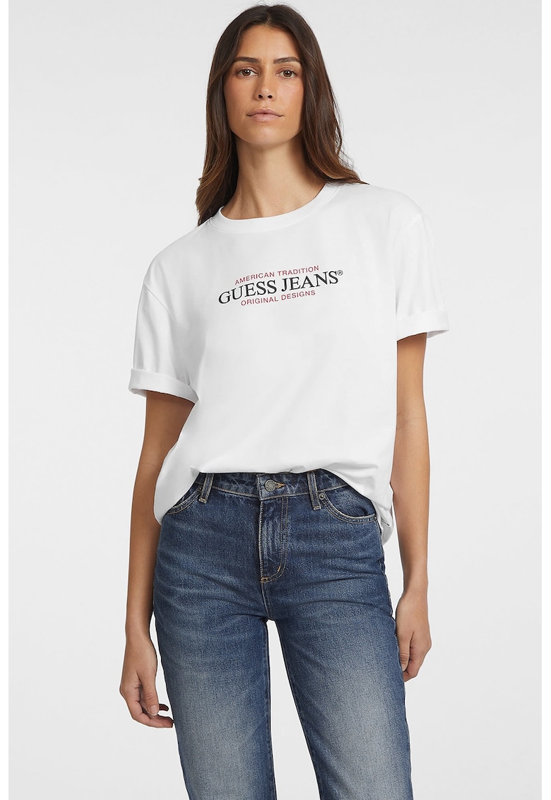 Tricou lejer cu imprimeu logo si decolteu la baza gatului - Rosu/Negru/Alb optic