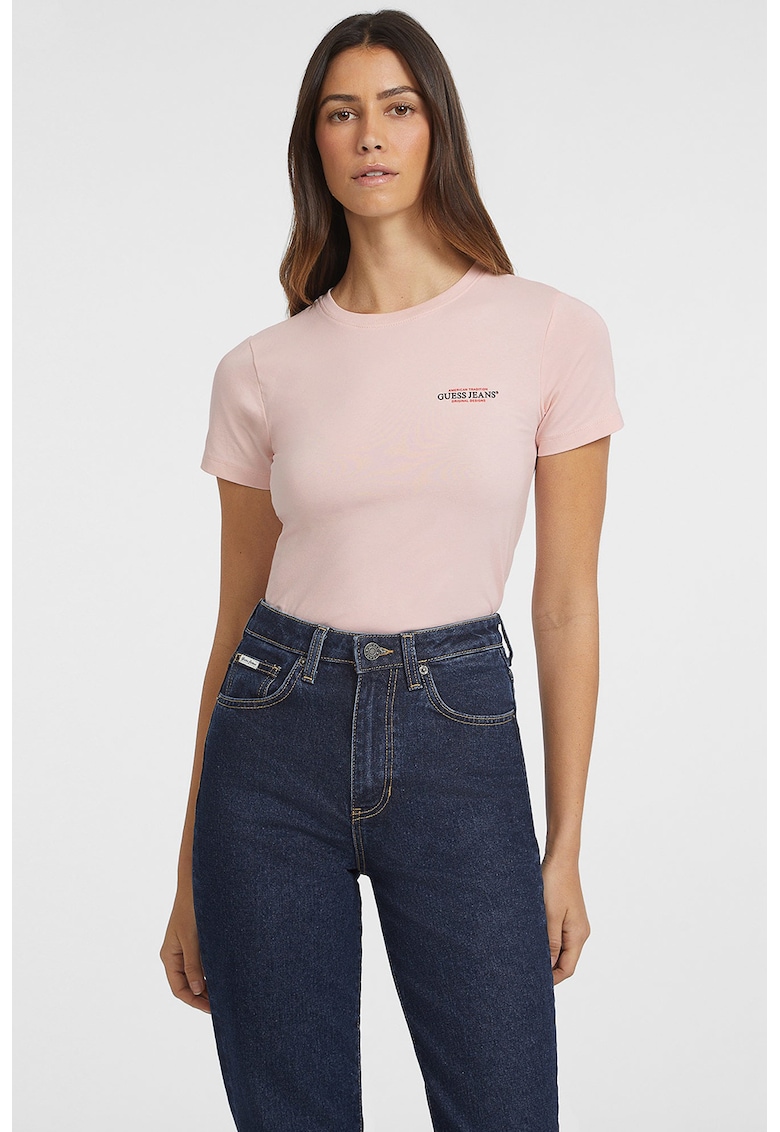 Tricou slim fit cu decolteu la baza gatului - Roz pal