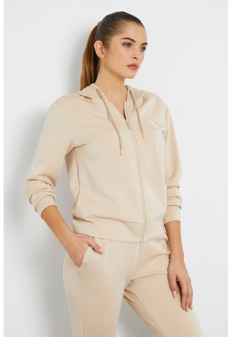 Hanorac din amestec de modal cu aplicatie logo discreta si fermoar - Bej deschis