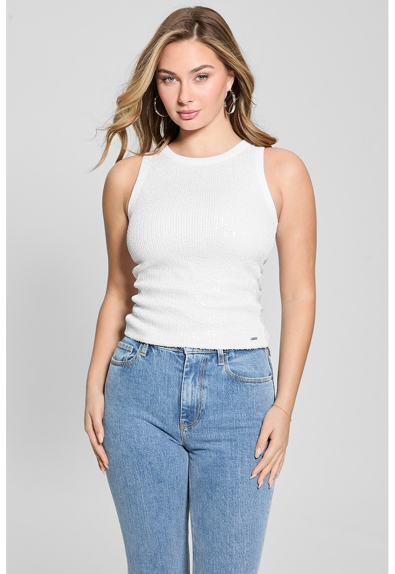 Top slim fit cu paiete - Alb