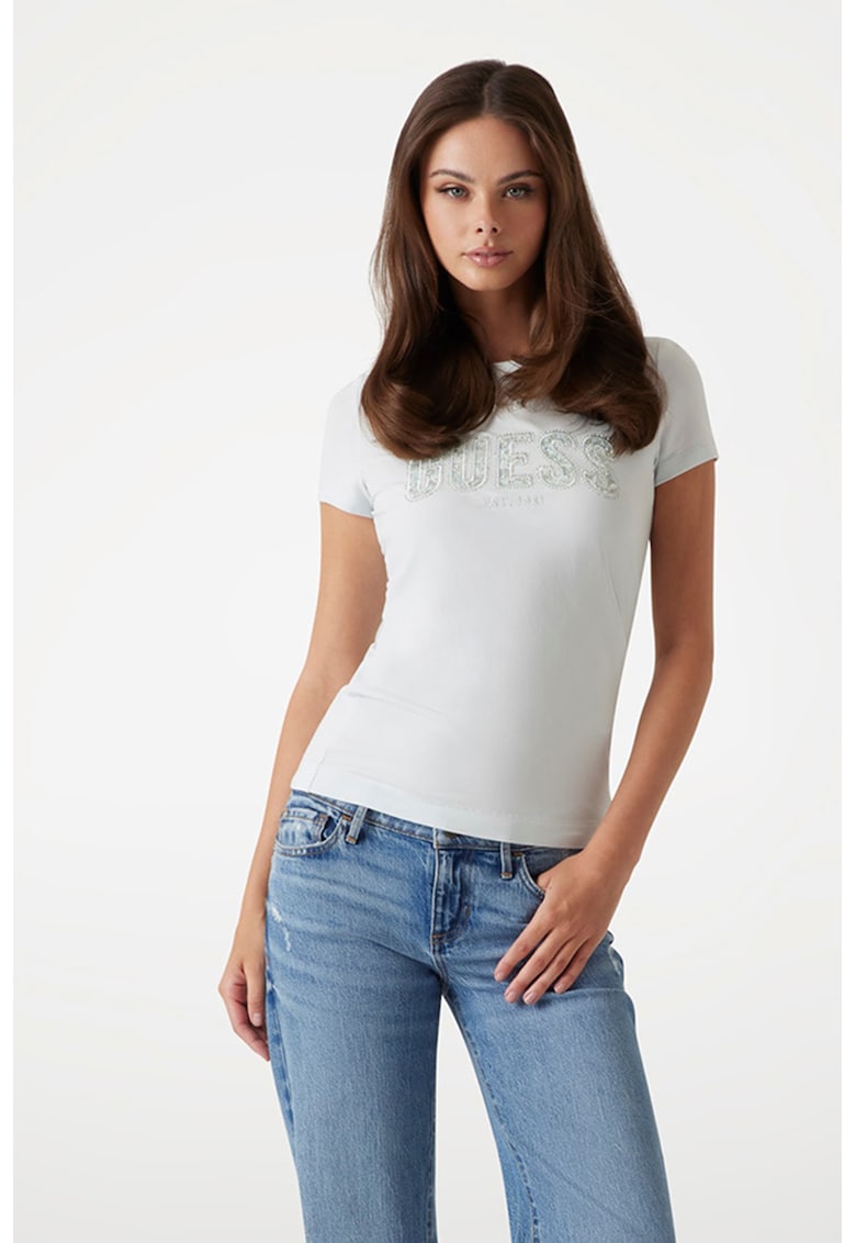 Tricou din amestec de bumbac cu logo cu strasuri