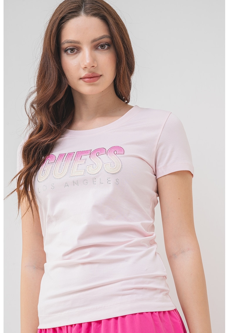 Tricou cu decolteu rotund si logo - Roz deschis