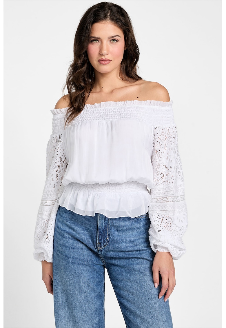 Bluza din amestec de matase cu decolteu pe umeri