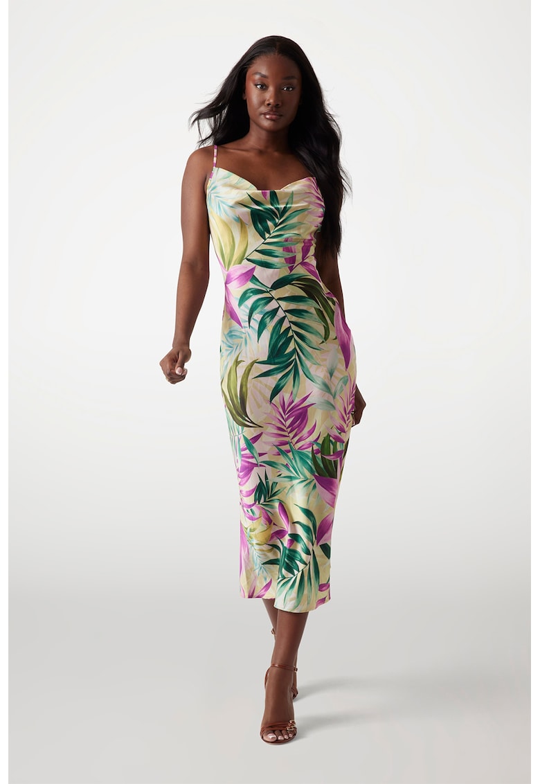 Rochie midi cu imprimeu cu frunze - Verde/Galben/Roz