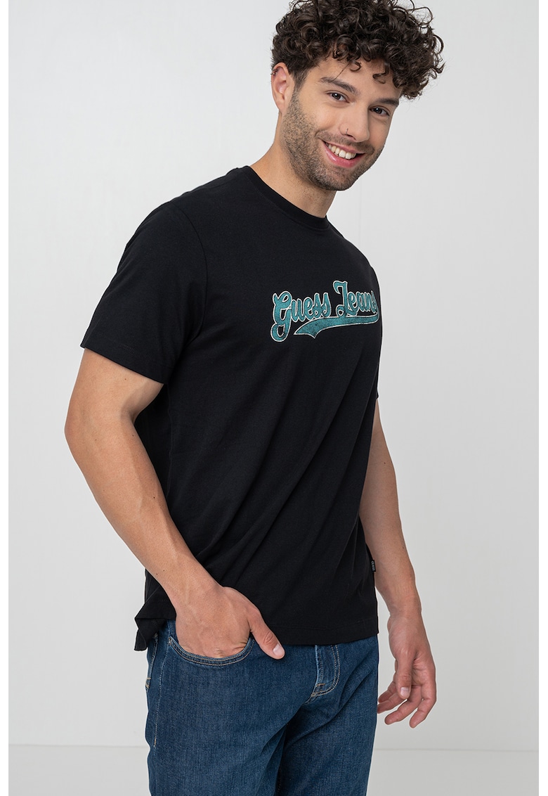 Guess Jeans Tricou de bumbac cu decolteu la baza gatului - Negru/Verde persan