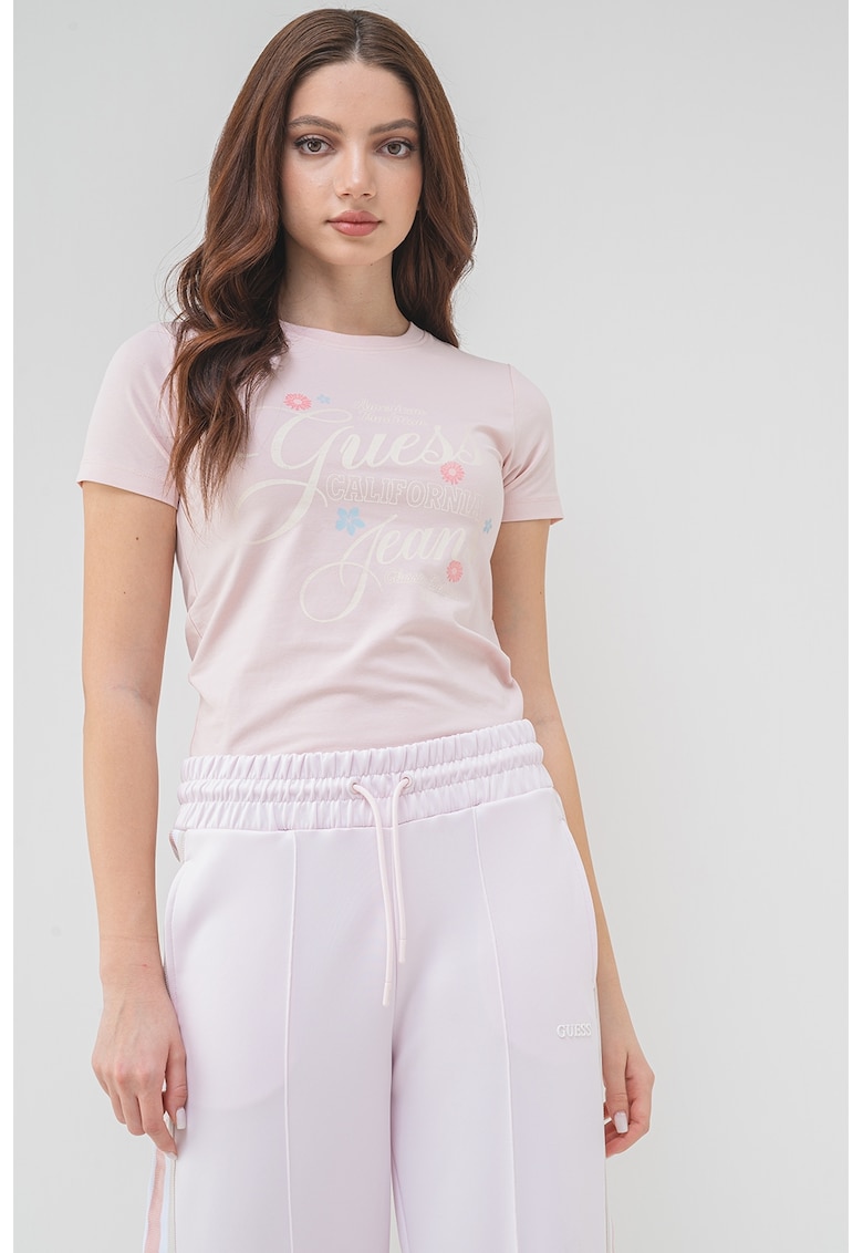 Guess Jeans Tricou regular fit cu imprimeu - Roz prafuit