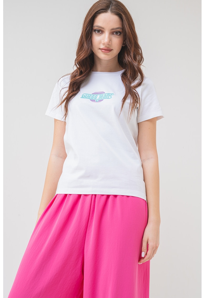 Tricou cu decolteu la baza gatului si broderie logo pe piept - Alb/Verde