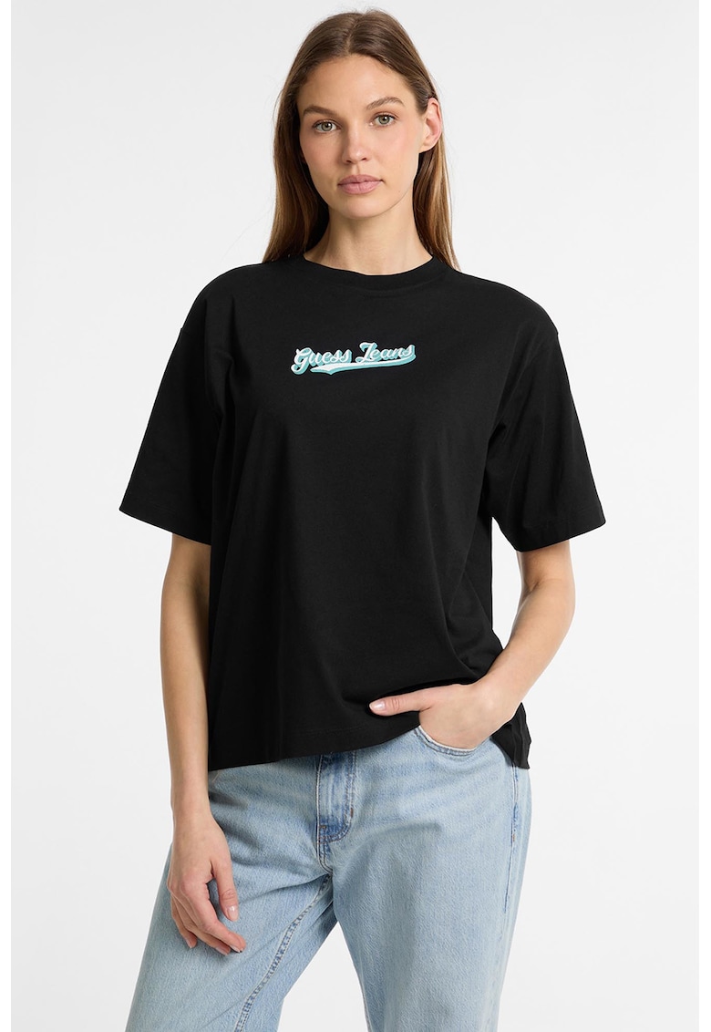 Tricou lejer cu logo pe piept - Negru/Turcoaz