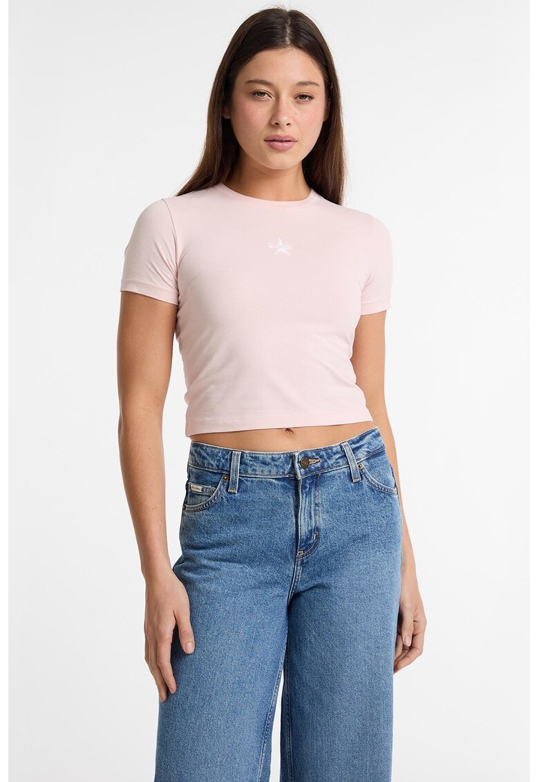 Tricou crop cu logo discret - Roz pal