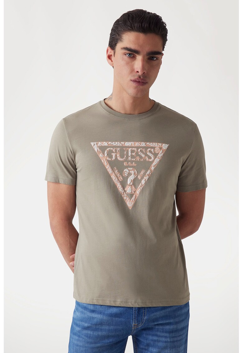 Tricou slim fit cu imprimeu logo - Alb fildes/Kaki/Roz prafuit