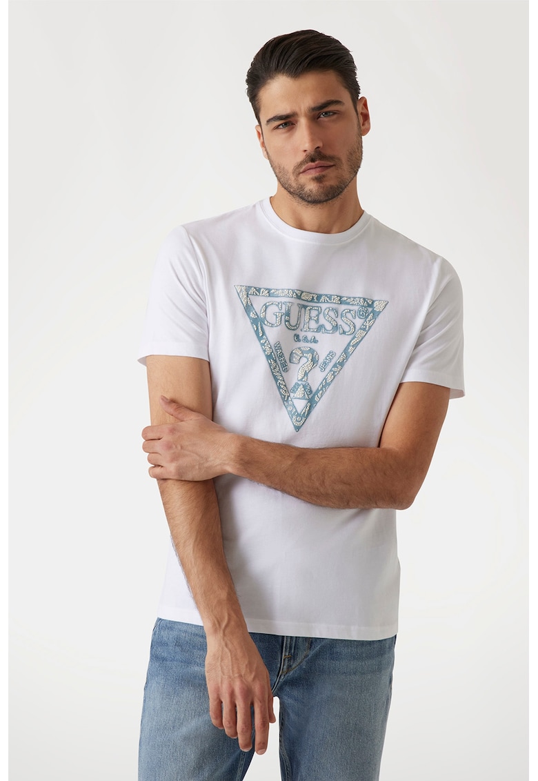 Guess Tricou slim fit cu imprimeu logo - Alb/Alb fildes/Albastru prafuit
