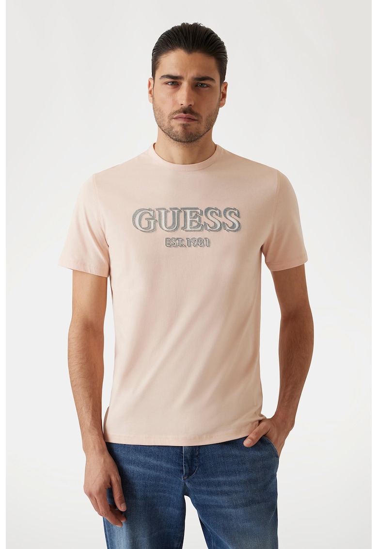 Tricou cu decolteu la baza gatului si imprimeu logo - Albastru prafuit/Piersica/Alb murdar