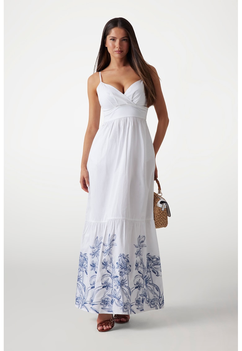 Rochie maxi cu model floral si decolteu sweetheart