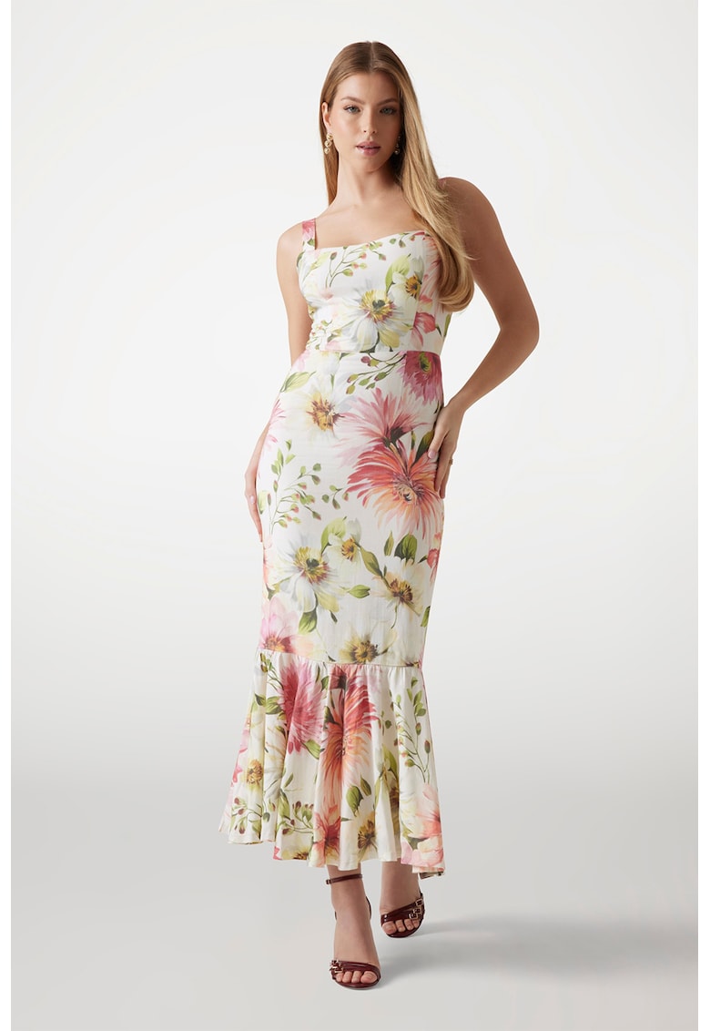 Rochie cambrata cu model floral si terminatie cu volane