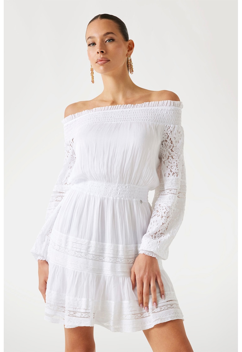 Rochie mini din amestec de matase cu decolteu pe umeri - Alb