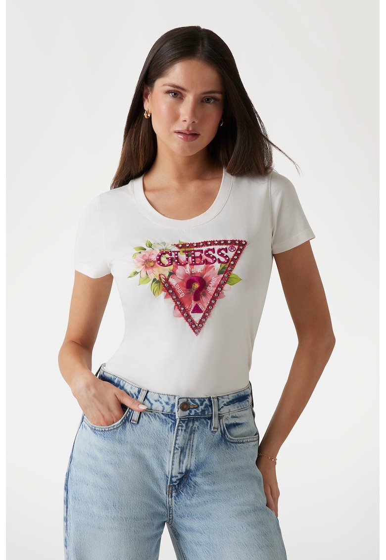 Tricou cu imprimeu - logo in relief si aplicatii cu strasuri