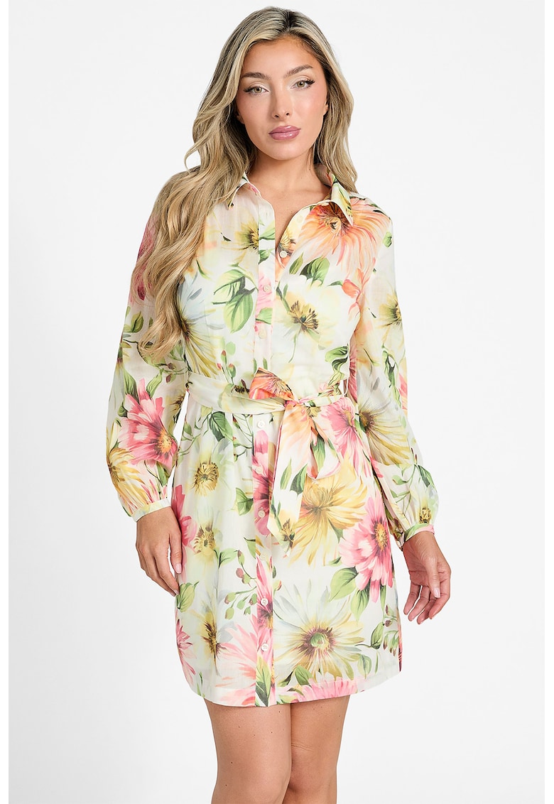 Rochie cu model floral si cordon in talie - Alb/Verde/Roz