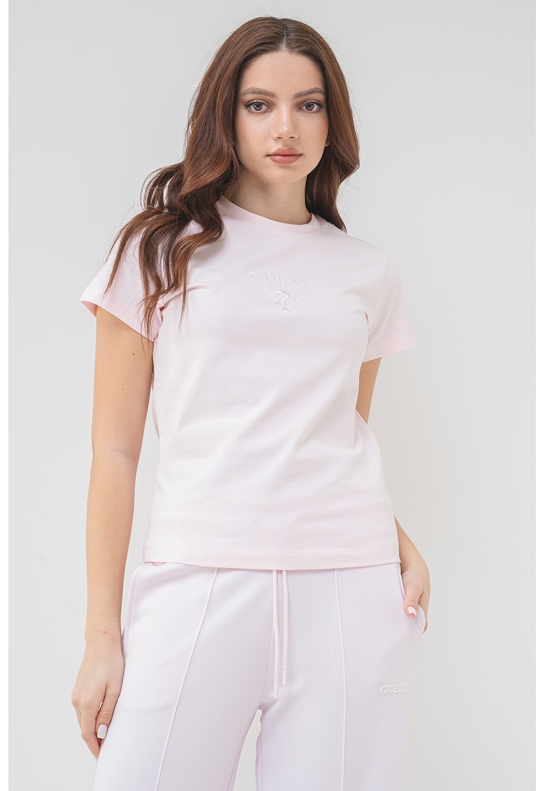 Tricou cu logo brodat pe piept - Roz pal