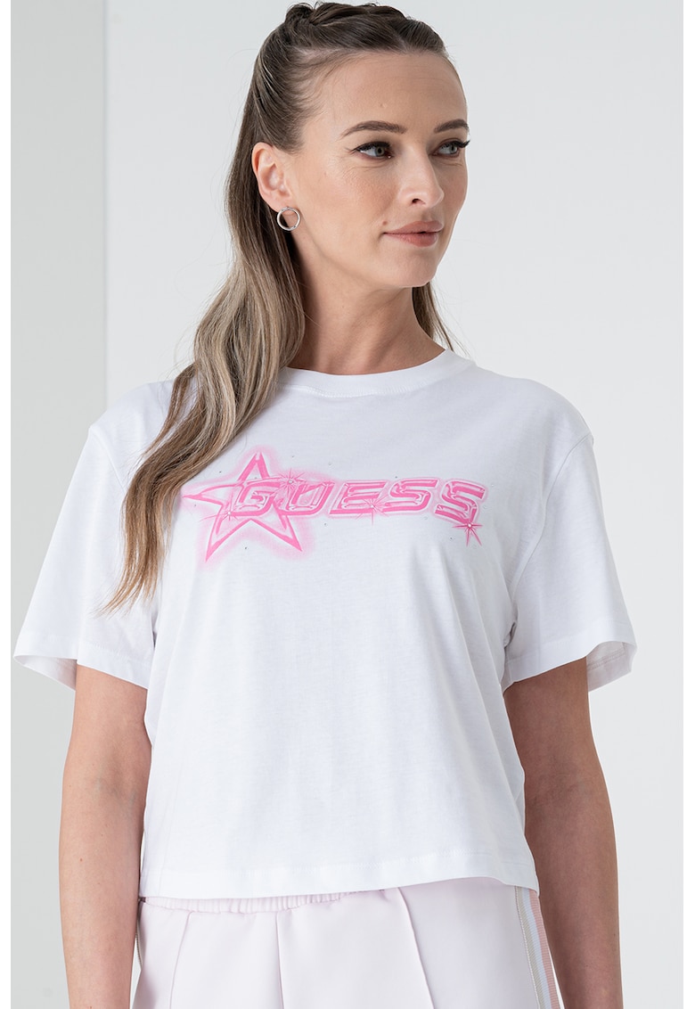 Tricou crop cu imprimeu logo pentru fitness