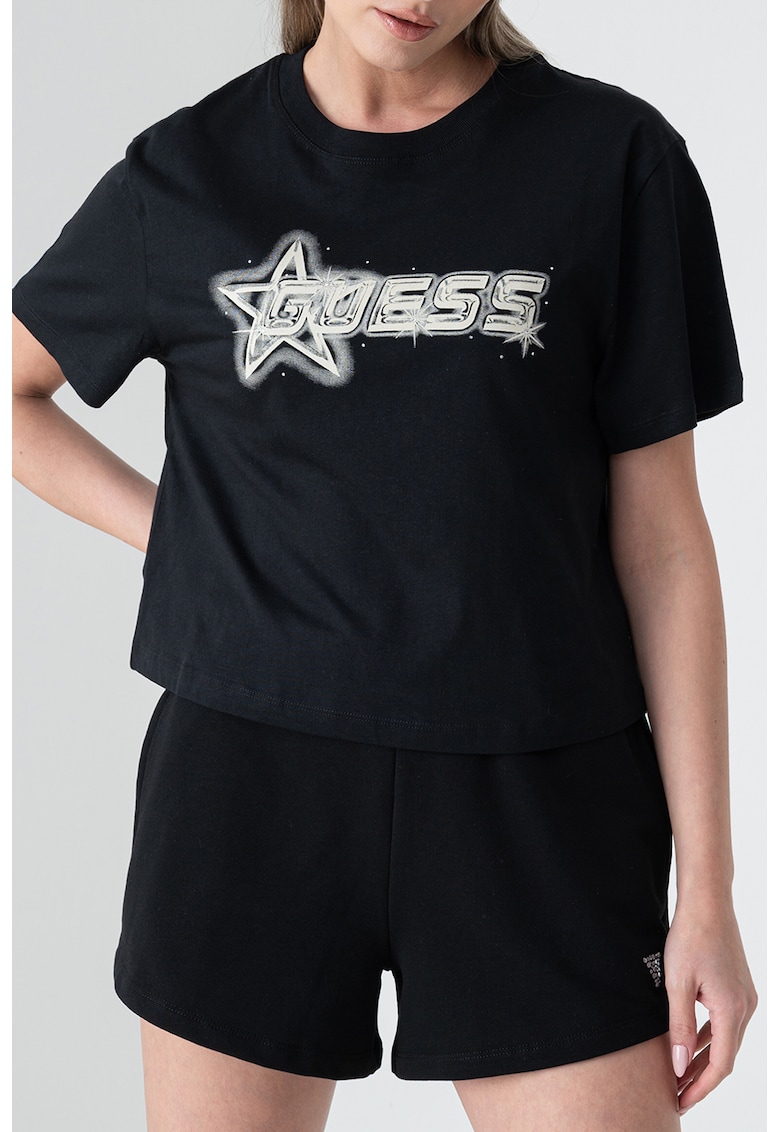 Tricou crop cu imprimeu logo pentru fitness