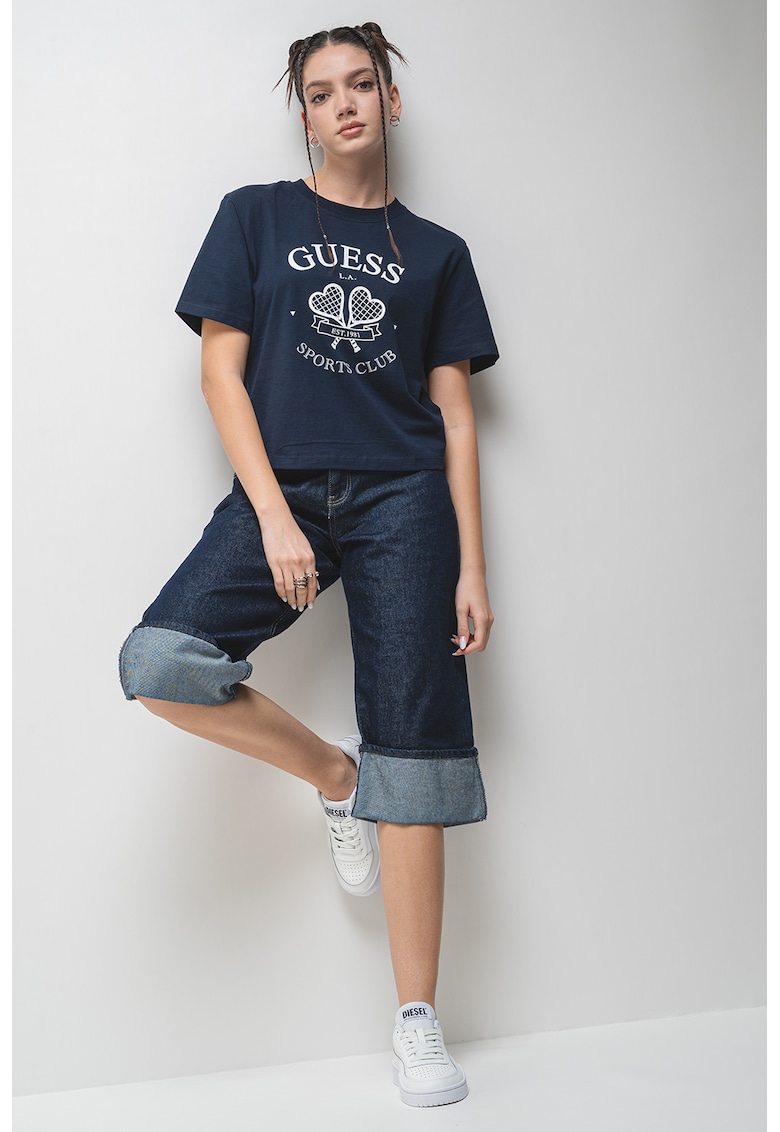 Tricou din bumbac cu decolteu la baza gatului si logo - Alb/Bleumarin
