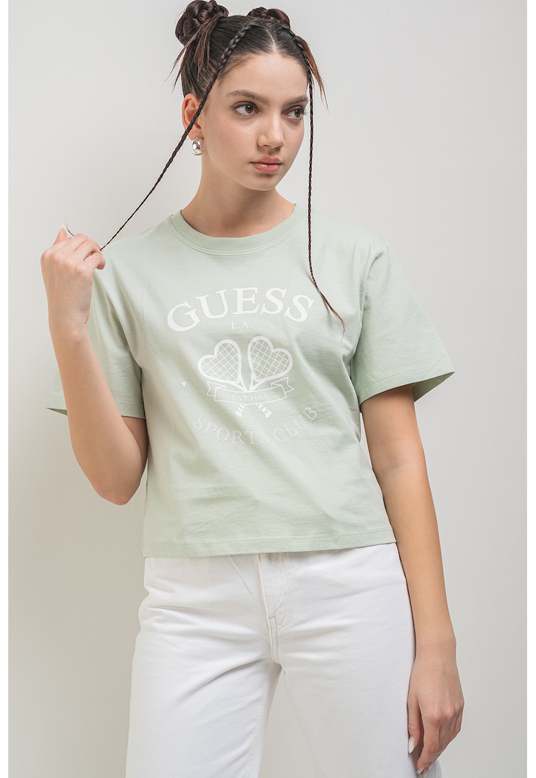 Tricou din bumbac cu decolteu la baza gatului si logo