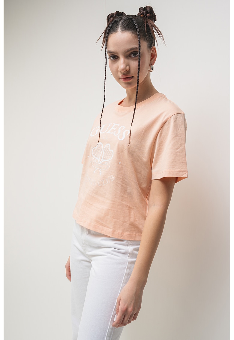 Tricou din bumbac cu decolteu la baza gatului si logo