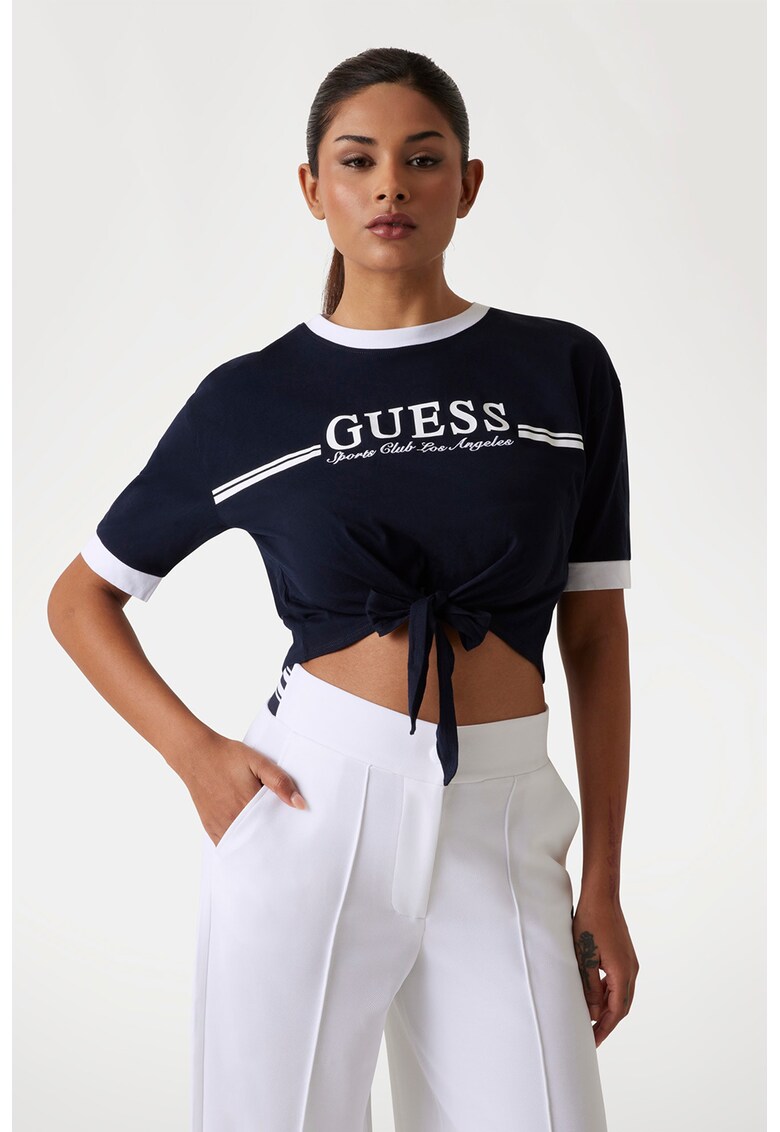 Tricou crop cu imprimeu logo - Alb/Albastru ultramarin